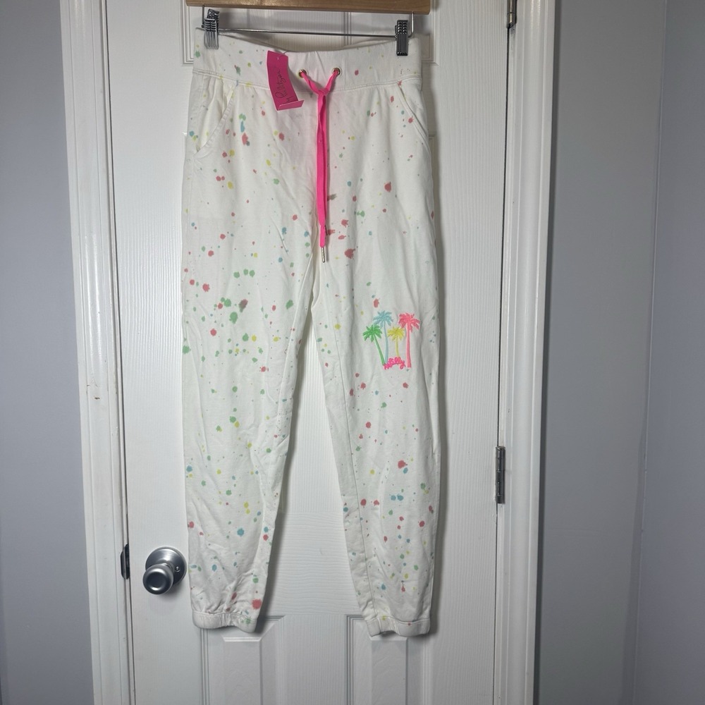 Lilly Pulitzer XS White Paint Splatter Palm Tree Sweatshirt Jogger Pants NWT